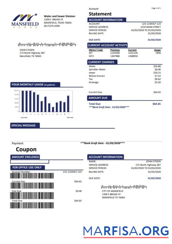 Printable USA Mansfield Texas utility bill template in Word and PDF format (.doc and .pdf)